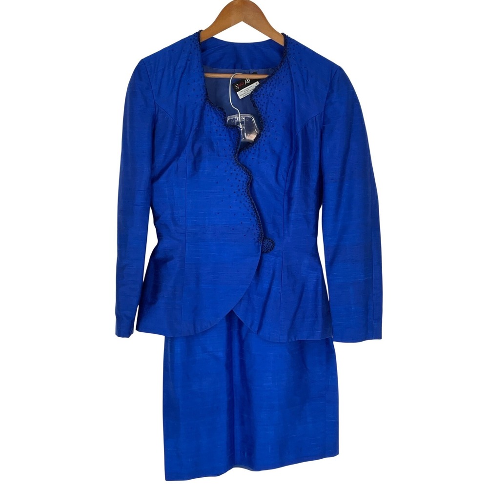 Vintage‎ Saint Romei Women Skirt Suit 6 Two Piece Royal Blue Beaded Silk